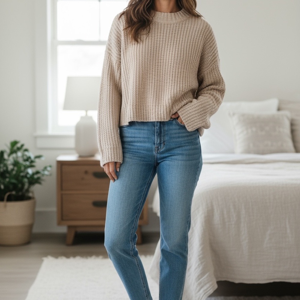 St. John's Bay Women’s Beige Cable Knit Bell Sleeved Sweater•XL